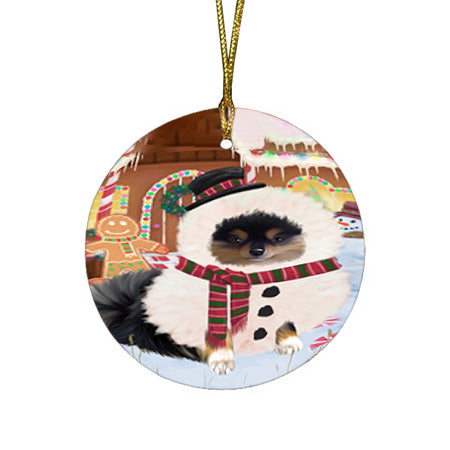 Christmas Gingerbread House Candyfest Pomeranian Dog Round Flat Christmas Ornament RFPOR56837