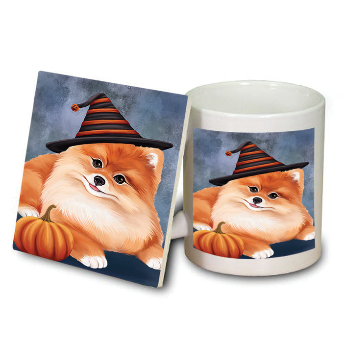 Happy Halloween Pomeranian Dog Wearing Witch Hat with Pumpkin Mug and Coaster Set MUC54983