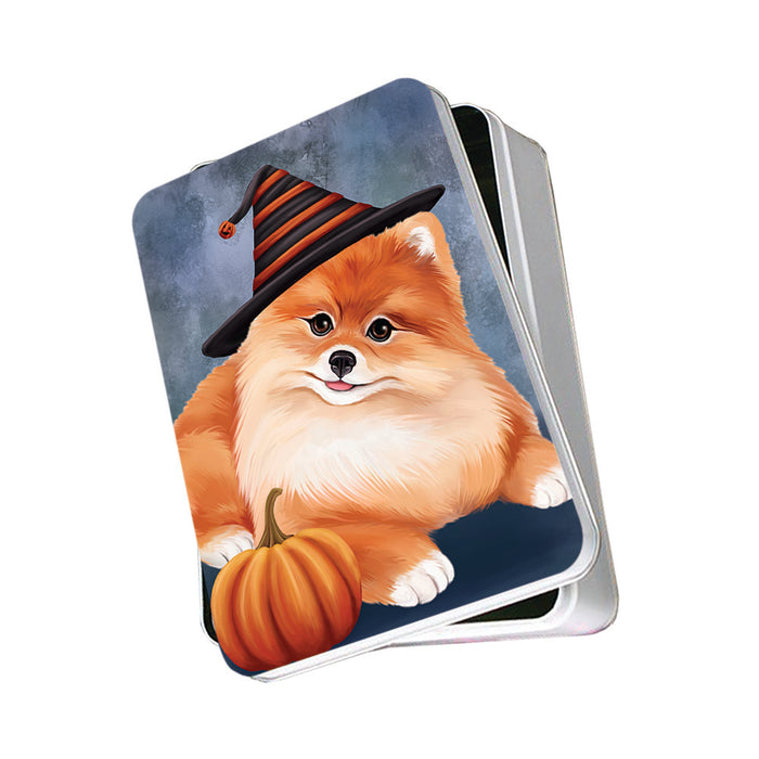 Happy Halloween Pomeranian Dog Wearing Witch Hat with Pumpkin Photo Storage Tin PITN54934