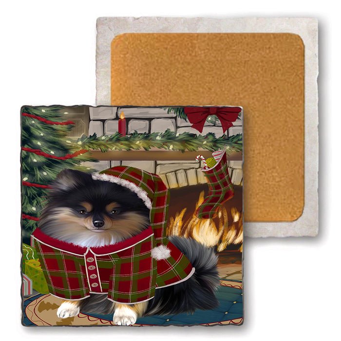 The Stocking was Hung Pomeranian Dog Set of 4 Natural Stone Marble Tile Coasters MCST50565