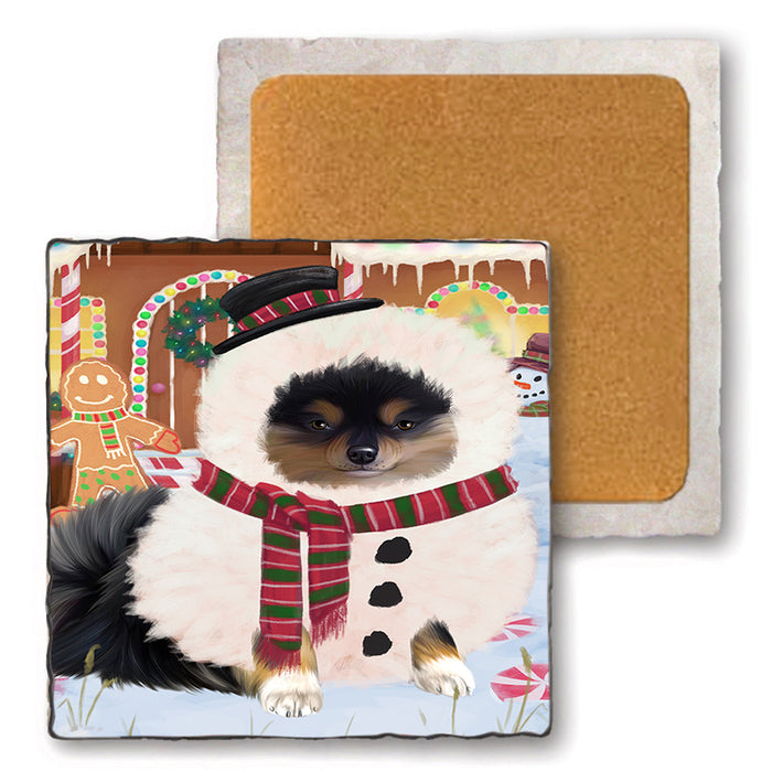 Christmas Gingerbread House Candyfest Pomeranian Dog Set of 4 Natural Stone Marble Tile Coasters MCST51481