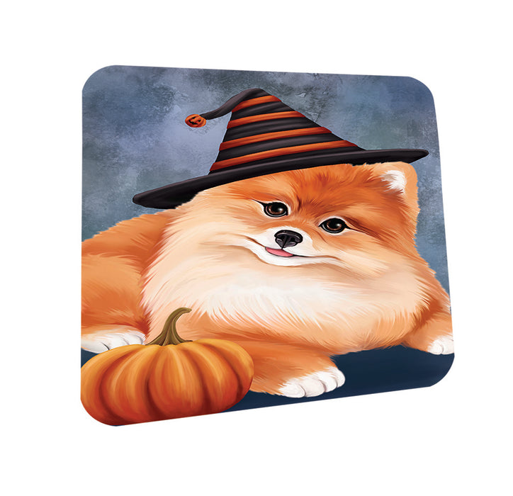 Happy Halloween Pomeranian Dog Wearing Witch Hat with Pumpkin Coasters Set of 4 CST54949