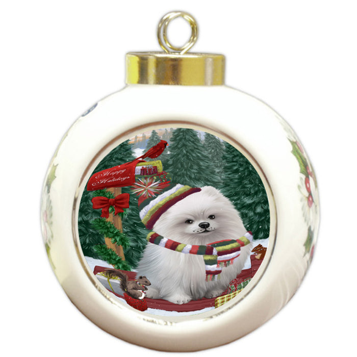 Merry Christmas Woodland Sled Pomeranian Dog Round Ball Christmas Ornament RBPOR55353
