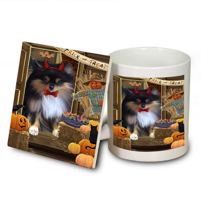Enter at Own Risk Trick or Treat Halloween Pomeranian Dog Mug and Coaster Set MUC53214