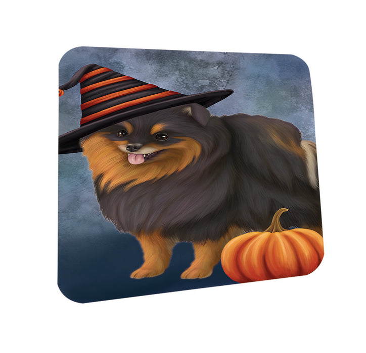 Happy Halloween Pomeranian Dog Wearing Witch Hat with Pumpkin Coasters Set of 4 CST54950
