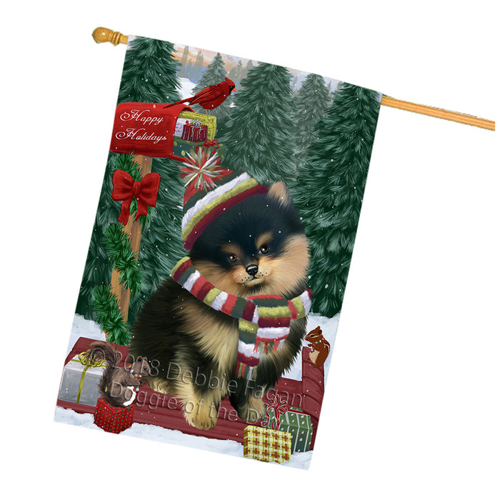 Merry Christmas Woodland Sled Pomeranian Dog House Flag FLG55427