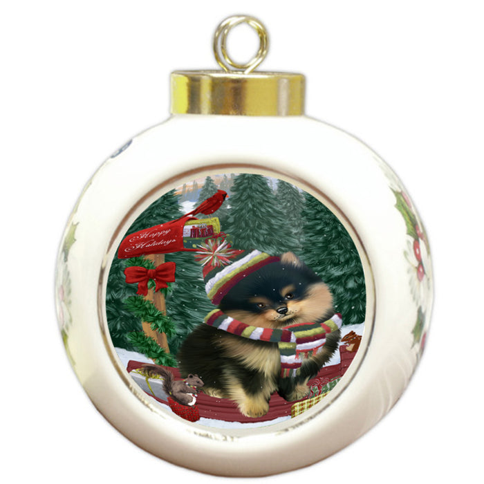 Merry Christmas Woodland Sled Pomeranian Dog Round Ball Christmas Ornament RBPOR55354