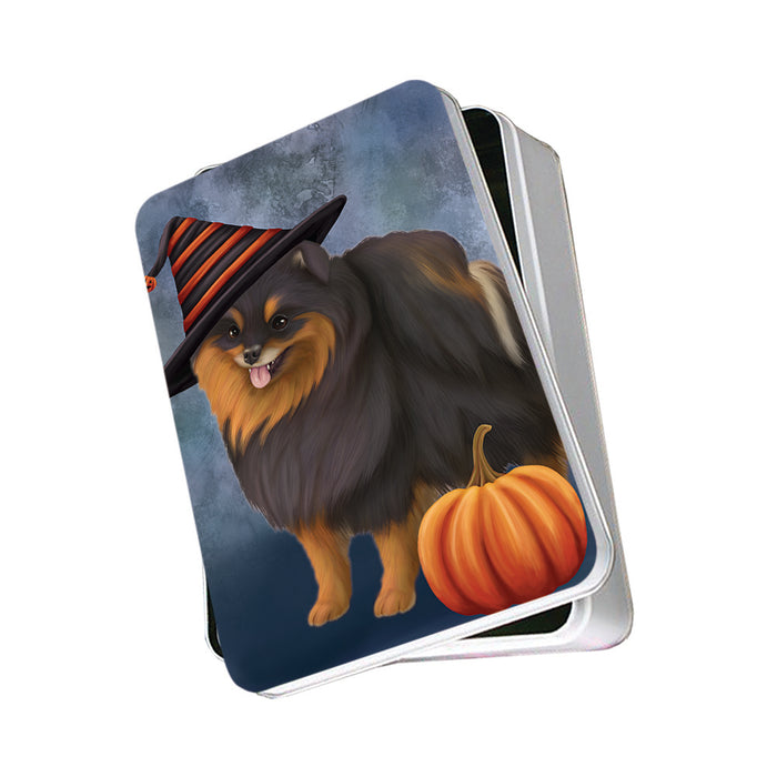 Happy Halloween Pomeranian Dog Wearing Witch Hat with Pumpkin Photo Storage Tin PITN54935