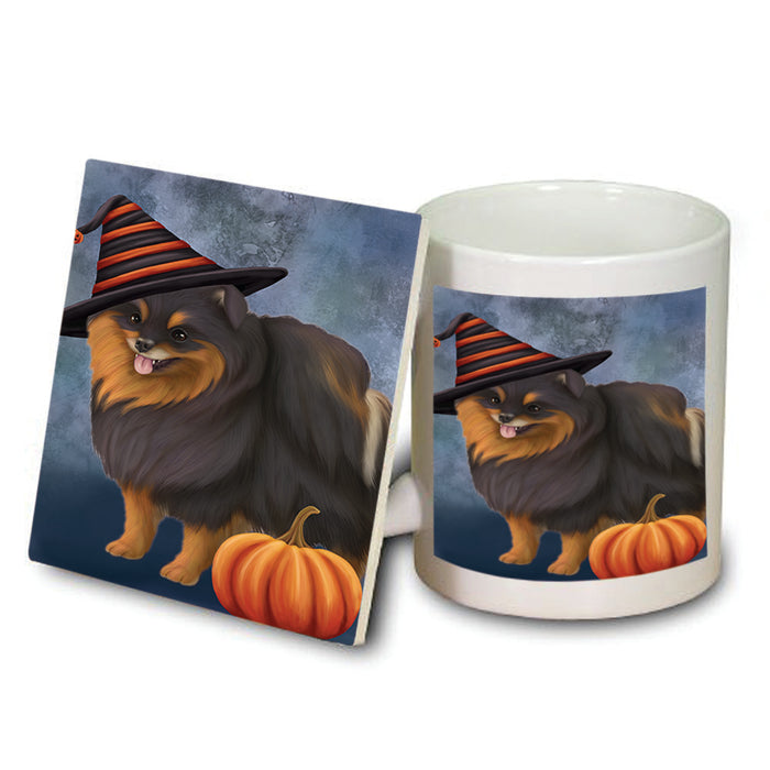 Happy Halloween Pomeranian Dog Wearing Witch Hat with Pumpkin Mug and Coaster Set MUC54984