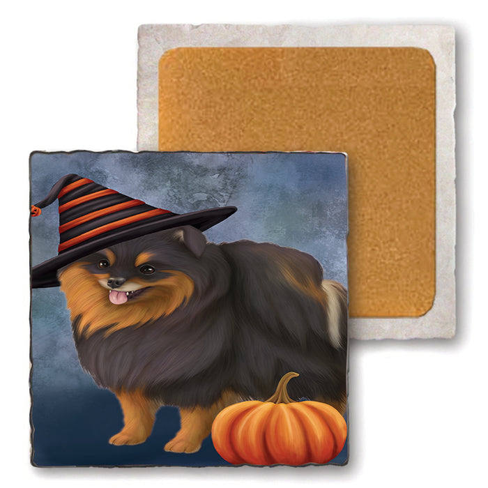 Happy Halloween Pomeranian Dog Wearing Witch Hat with Pumpkin Set of 4 Natural Stone Marble Tile Coasters MCST49992