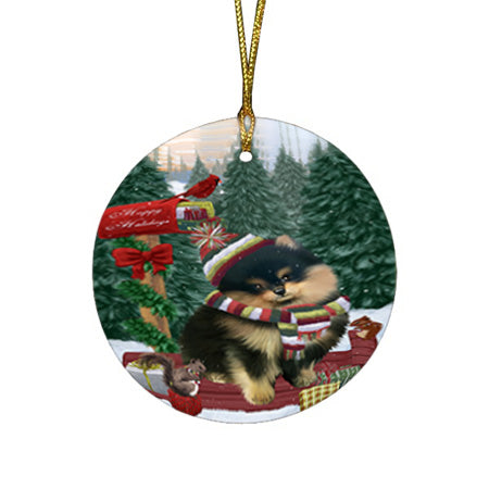 Merry Christmas Woodland Sled Pomeranian Dog Round Flat Christmas Ornament RFPOR55354