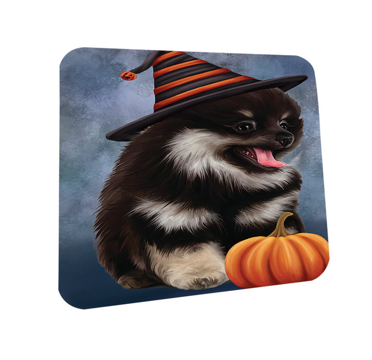 Happy Halloween Pomeranian Dog Wearing Witch Hat with Pumpkin Coasters Set of 4 CST54951