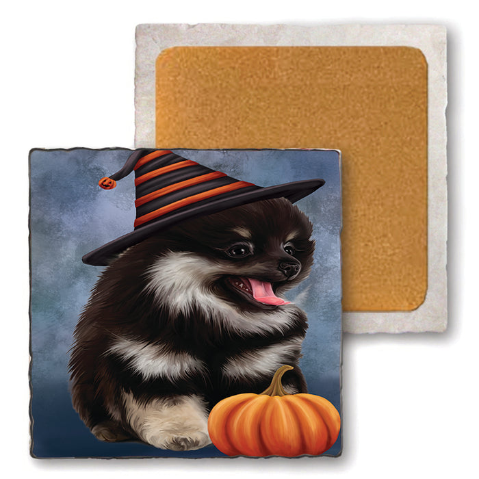 Happy Halloween Pomeranian Dog Wearing Witch Hat with Pumpkin Set of 4 Natural Stone Marble Tile Coasters MCST49993