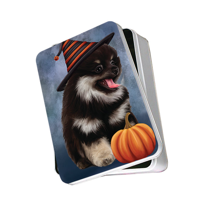 Happy Halloween Pomeranian Dog Wearing Witch Hat with Pumpkin Photo Storage Tin PITN54936