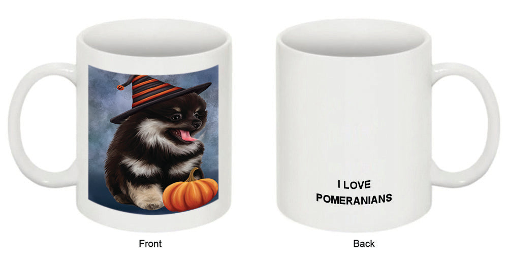 Happy Halloween Pomeranian Dog Wearing Witch Hat with Pumpkin Coffee Mug MUG50391