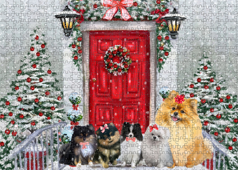 Christmas Holiday Welcome Pomeranian Dogs Portrait Jigsaw Puzzle for Adults Animal Interlocking Puzzle Game Unique Gift for Dog Lover's with Metal Tin Box