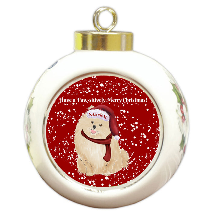 Custom Personalized Pawsitively Pomeranian Dog Merry Christmas Round Ball Ornament