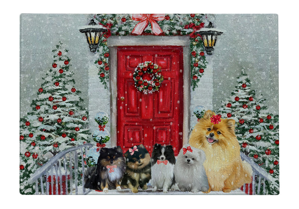 Christmas Holiday Welcome Pomeranian Dogs Cutting Board - For Kitchen - Scratch & Stain Resistant - Designed To Stay In Place - Easy To Clean By Hand - Perfect for Chopping Meats, Vegetables
