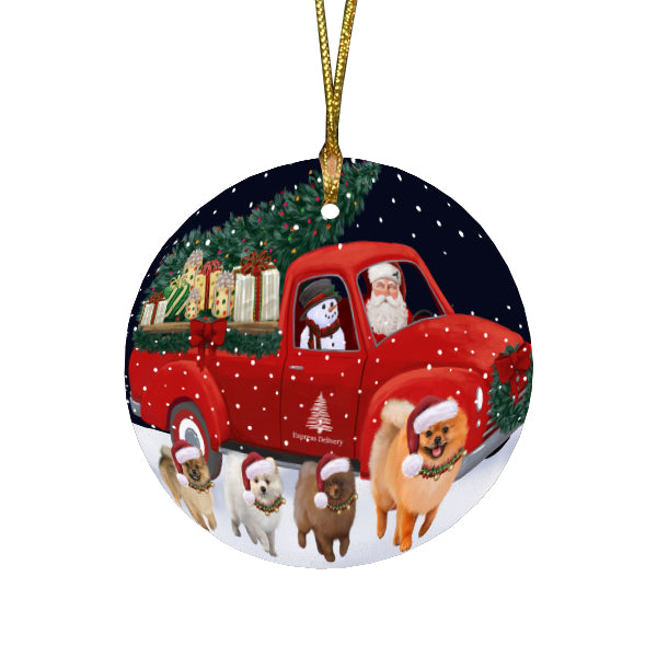 Christmas Express Delivery Red Truck Running Pomeranian Dogs Round Flat Christmas Ornament RFPOR57768