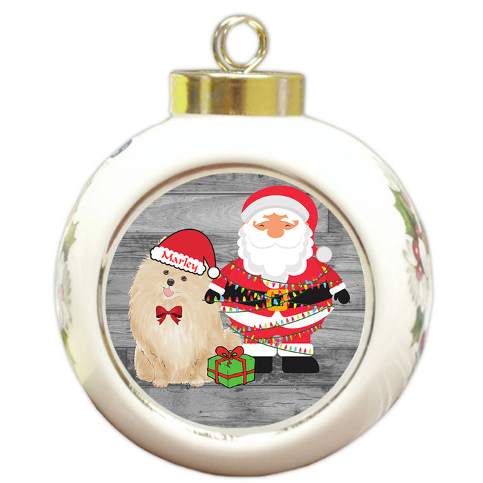 Custom Personalized Pomeranian Dog With Santa Wrapped in Light Christmas Round Ball Ornament