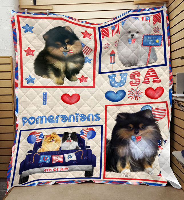 4th of July Independence Day I Love USA Pomeranian Dogs Quilt Bed Coverlet Bedspread - Pets Comforter Unique One-side Animal Printing - Soft Lightweight Durable Washable Polyester Quilt