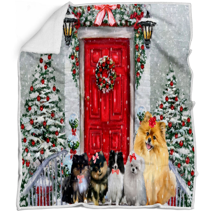 Christmas Holiday Welcome Pomeranian Dogs Blanket - Lightweight Soft Cozy and Durable Bed Blanket - Animal Theme Fuzzy Blanket for Sofa Couch