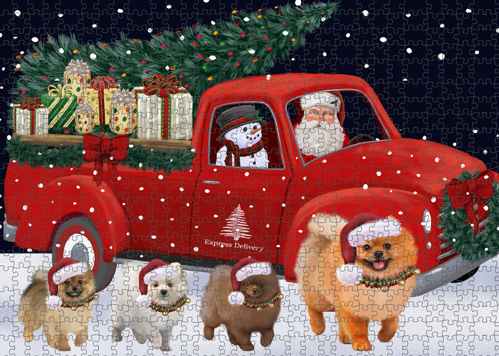 Christmas Express Delivery Red Truck Running Pomeranian Dogs Puzzle with Photo Tin PUZL99772