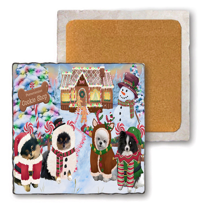 Holiday Gingerbread Cookie Shop Pomeranians Dog Set of 4 Natural Stone Marble Tile Coasters MCST51510
