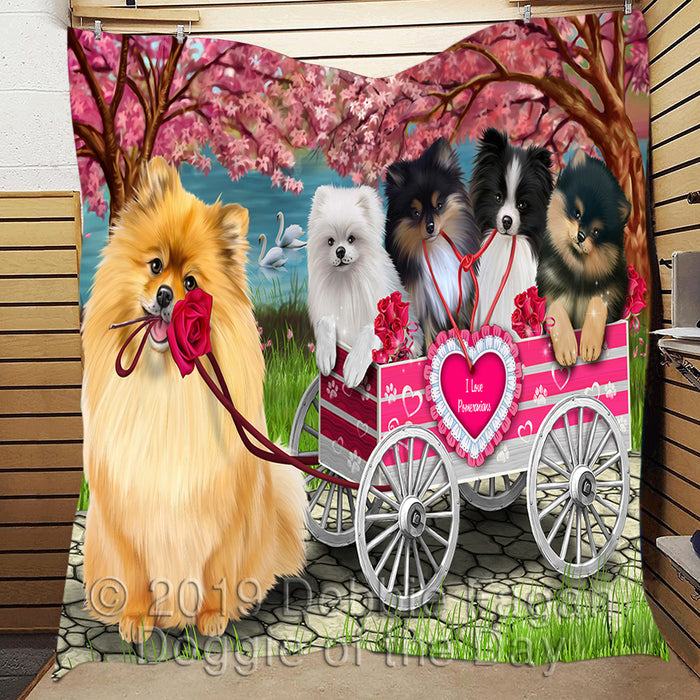 I Love Pomeranian Dogs in a Cart Quilt