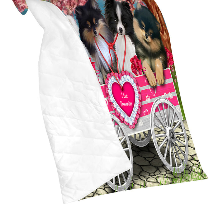 I Love Pomeranian Dogs in a Cart Quilt