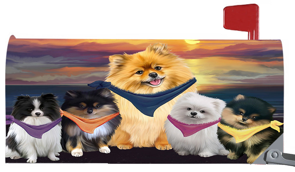 Family Sunset Portrait Pomeranian Dogs Magnetic Mailbox Cover MBC48492