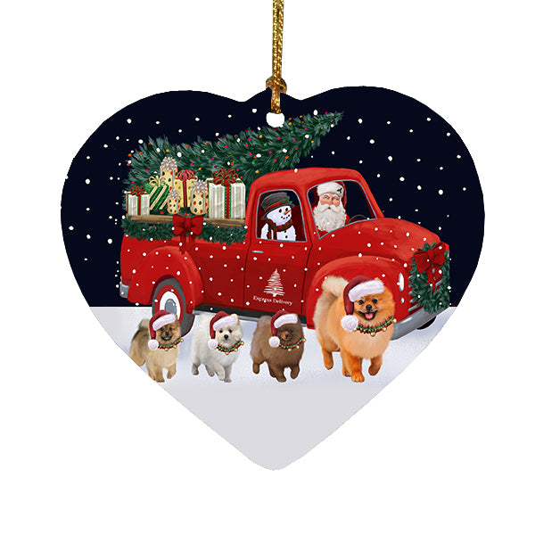 Christmas Express Delivery Red Truck Running Pomeranian Dogs Heart Christmas Ornament RFPOR58110