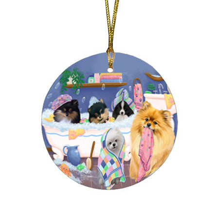 Rub A Dub Dogs In A Tub Pomeranians Dog Round Flat Christmas Ornament RFPOR57165