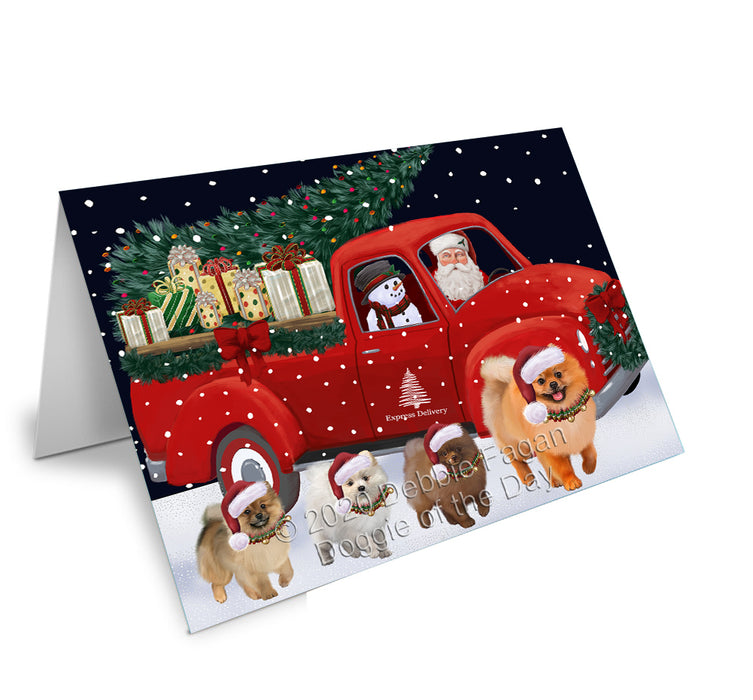 Christmas Express Delivery Red Truck Running Pomeranian Dogs Handmade Artwork Assorted Pets Greeting Cards and Note Cards with Envelopes for All Occasions and Holiday Seasons GCD75194