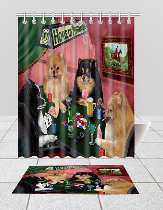 Home of  Pomeranian Dogs Playing Poker Bath Mat and Shower Curtain Combo