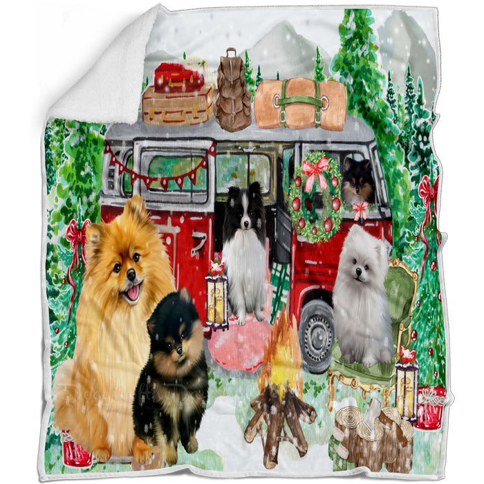 Christmas Time Camping with Pomeranian Dogs Blanket - Lightweight Soft Cozy and Durable Bed Blanket - Animal Theme Fuzzy Blanket for Sofa Couch