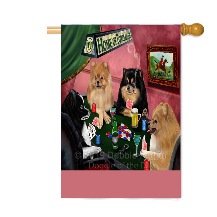 Personalized Home of Pomeranian Dogs Four Dogs Playing Poker Custom House Flag FLG-DOTD-A60341