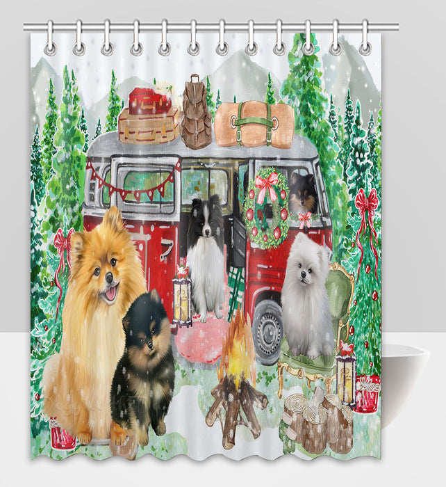 Christmas Time Camping with Pomeranian Dogs Shower Curtain Pet Painting Bathtub Curtain Waterproof Polyester One-Side Printing Decor Bath Tub Curtain for Bathroom with Hooks