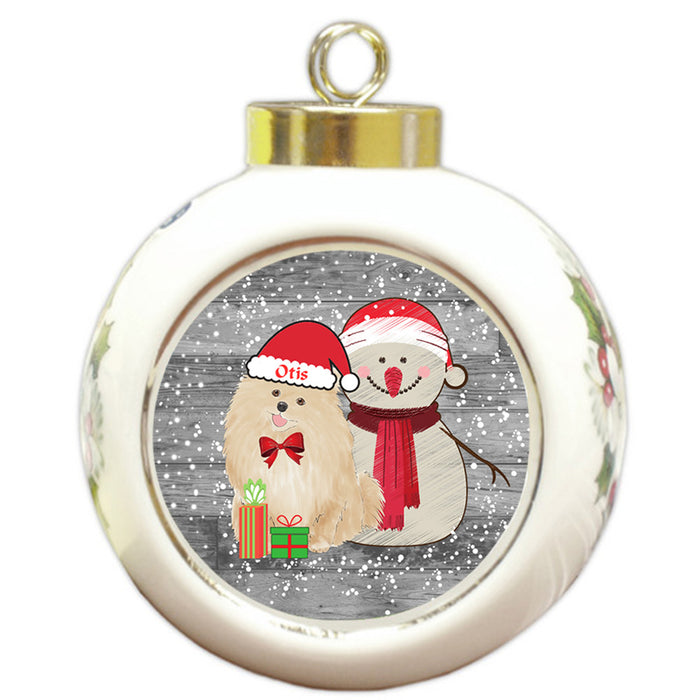 Custom Personalized Snowy Snowman and Pomeranian Dog Christmas Round Ball Ornament