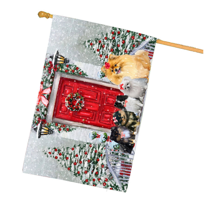 Christmas Holiday Welcome Pomeranian Dogs House Flag Outdoor Decorative Double Sided Pet Portrait Weather Resistant Premium Quality Animal Printed Home Decorative Flags 100% Polyester