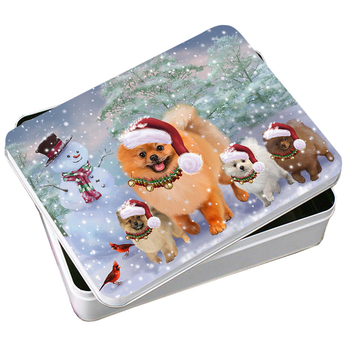 Christmas Running Family Pomeranian Dogs Photo Storage Tin PITN57078