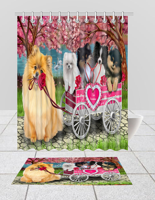 I Love Pomeranian Dogs in a Cart Bath Mat and Shower Curtain Combo