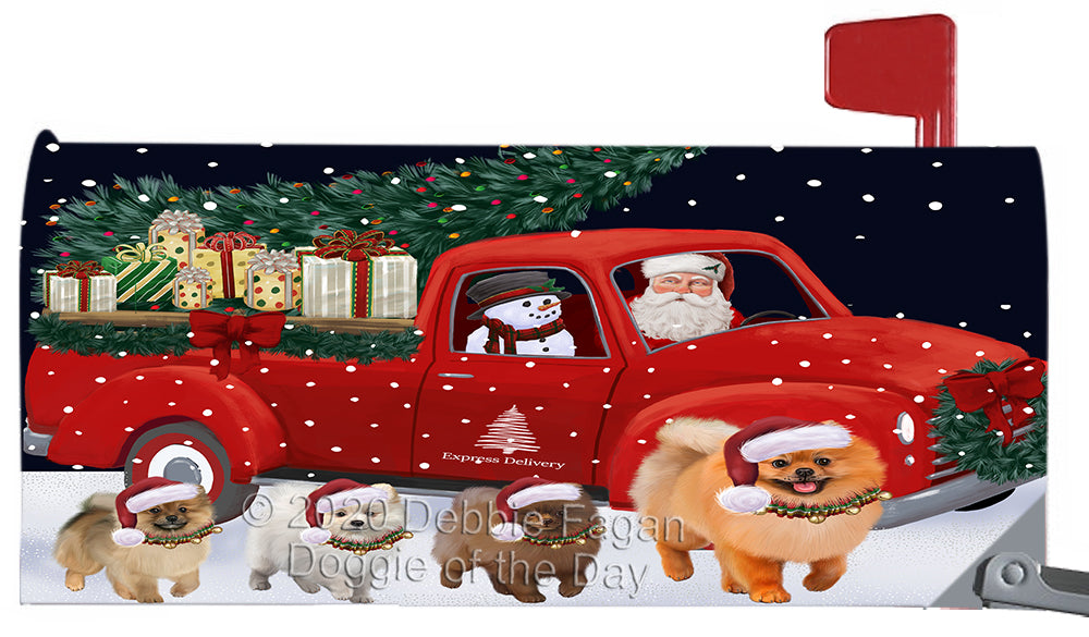 Christmas Express Delivery Red Truck Running Pomeranian Dog Magnetic Mailbox Cover Both Sides Pet Theme Printed Decorative Letter Box Wrap Case Postbox Thick Magnetic Vinyl Material