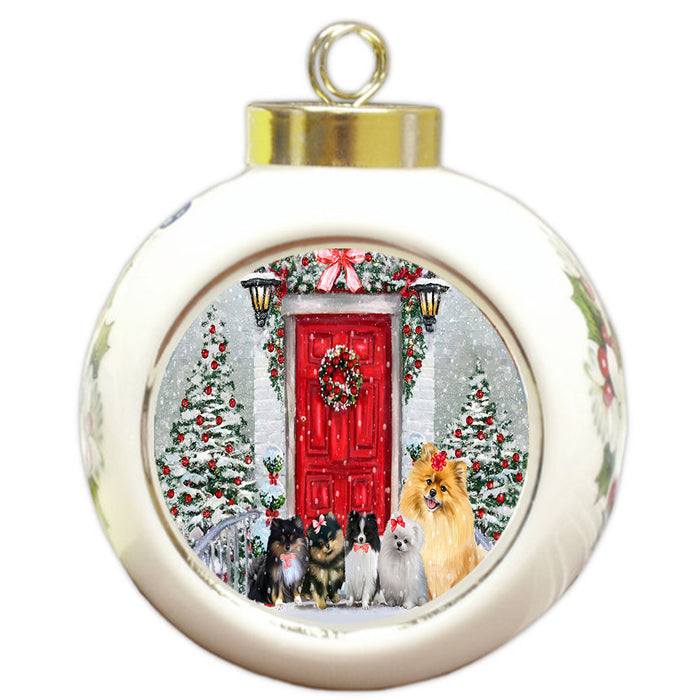 Christmas Holiday Welcome Pomeranian Dogs Round Ball Christmas Ornament Pet Decorative Hanging Ornaments for Christmas X-mas Tree Decorations - 3" Round Ceramic Ornament