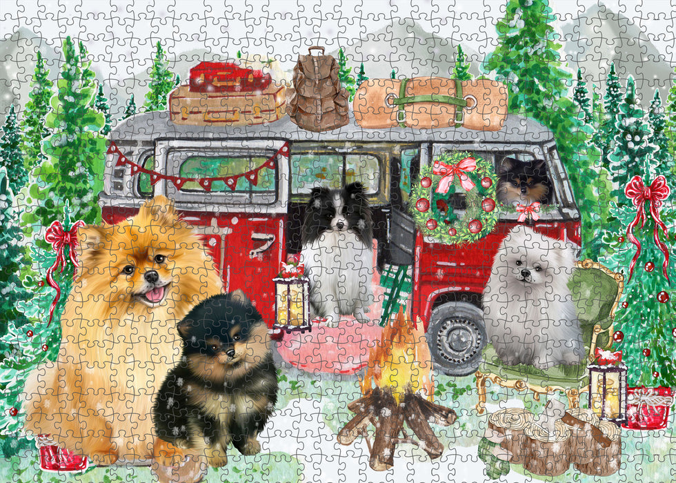 Christmas Time Camping with Pomeranian Dogs Portrait Jigsaw Puzzle for Adults Animal Interlocking Puzzle Game Unique Gift for Dog Lover's with Metal Tin Box