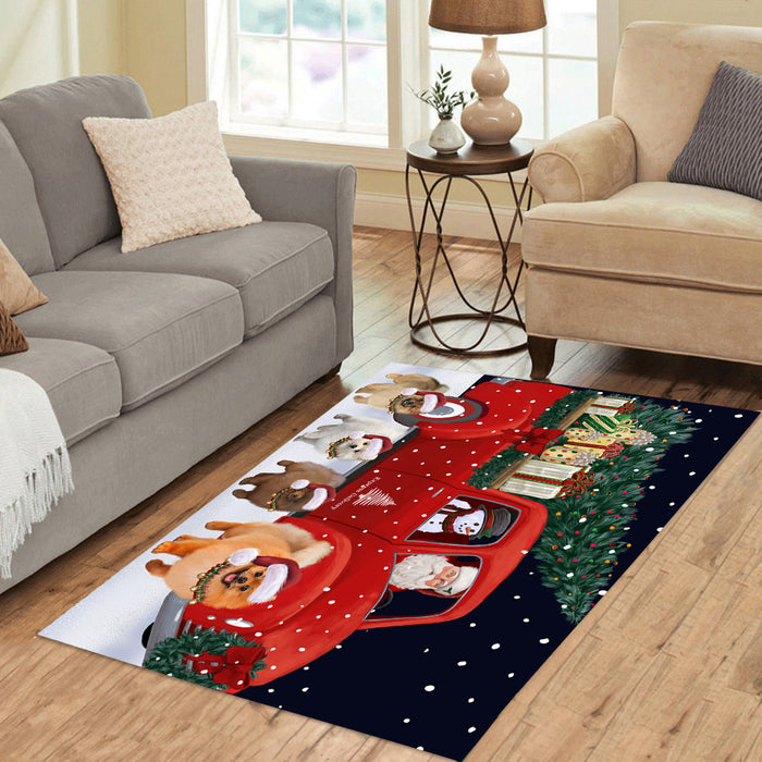 Christmas Express Delivery Red Truck Running Pomeranian Dogs Polyester Area Rug ARUG63037