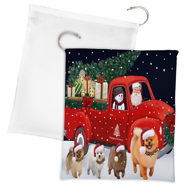 Christmas Express Delivery Red Truck Running Pomeranian Dogs Drawstring Laundry or Gift Bag LGB48920