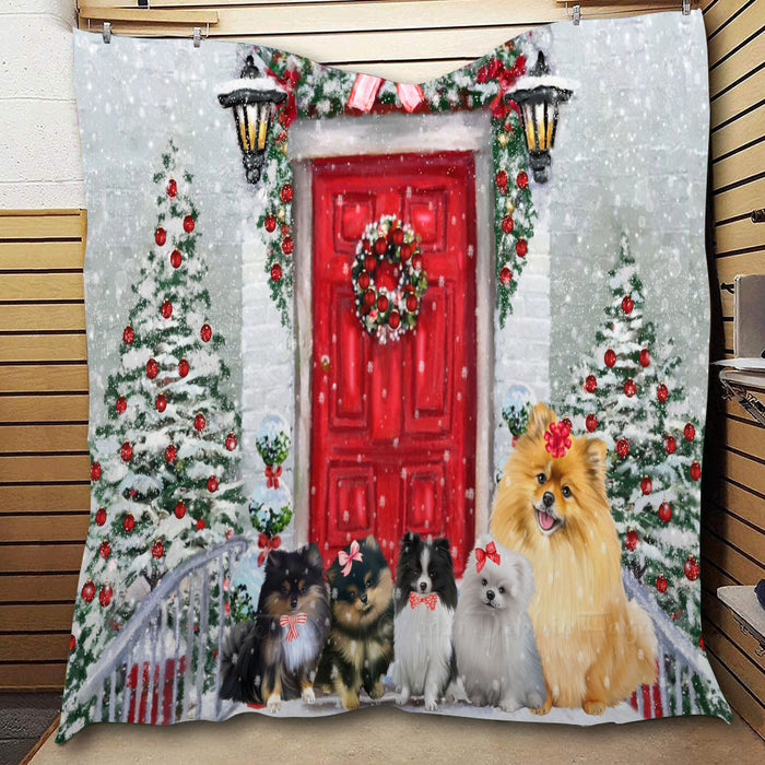 Christmas Holiday Welcome Pomeranian Dogs  Quilt Bed Coverlet Bedspread - Pets Comforter Unique One-side Animal Printing - Soft Lightweight Durable Washable Polyester Quilt
