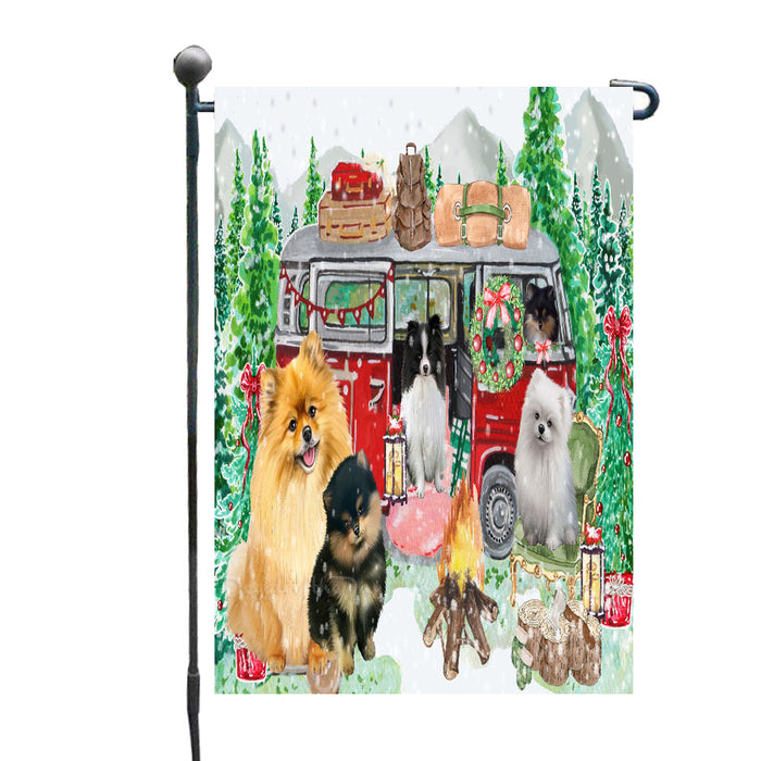 Christmas Time Camping with Pomeranian Dogs Garden Flags- Outdoor Double Sided Garden Yard Porch Lawn Spring Decorative Vertical Home Flags 12 1/2"w x 18"h