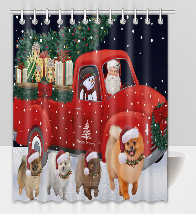 Christmas Express Delivery Red Truck Running Pomeranian Dogs Shower Curtain Bathroom Accessories Decor Bath Tub Screens